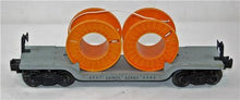 Load image into Gallery viewer, Lionel 6561 ODD MISSTAMP Depressed Center Flat car w/ Cable Reels Orange O Postwar