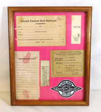 Load image into Gallery viewer, Illinois Central Railroad Framed Memoribilia 6 Items 8 x 10 Wall Hanging Train