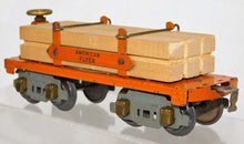 Load image into Gallery viewer, American Flyer Prewar O #3046 (D) Orange Flatcar w/ Lumber 8whl RUBBER STAMPED