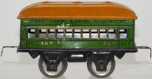 Load image into Gallery viewer, Marx Joy Line #357 Passenger Coach Green w/ orange roof 6" tinplate 1932-34 Prew