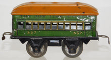 Load image into Gallery viewer, Marx Joy Line #357 Passenger Coach Green w/ orange roof 6" tinplate 1932-34 Prew