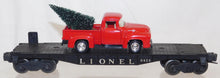 Load image into Gallery viewer, Lionel Red Pickup Truck w/ Christmas tree in bed on flatcar Vntg Holiday O gauge tree custom