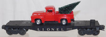 Load image into Gallery viewer, Lionel Red Pickup Truck w/ Christmas tree in bed on flatcar Vntg Holiday O gauge tree custom