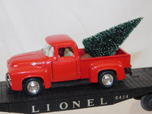 Load image into Gallery viewer, Lionel Red Pickup Truck w/ Christmas tree in bed on flatcar Vntg Holiday O gauge tree custom