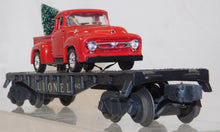 Load image into Gallery viewer, Lionel Red Pickup Truck w/ Christmas tree in bed on flatcar Vntg Holiday O gauge tree custom