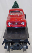 Load image into Gallery viewer, Lionel Red Pickup Truck w/ Christmas tree in bed on flatcar Vntg Holiday O gauge tree custom