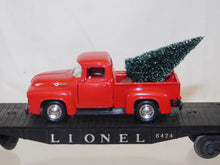Load image into Gallery viewer, Lionel Red Pickup Truck w/ Christmas tree in bed on flatcar Vntg Holiday O gauge tree custom