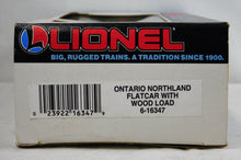 Load image into Gallery viewer, Lionel 6-16347 Ontario Northland Bulkhead Flat Car w/ Wood Load diecast sprung trucks