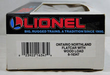 Load image into Gallery viewer, Lionel 6-16347 Ontario Northland Bulkhead Flat Car w/ Wood Load diecast sprung trucks