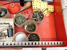 Load image into Gallery viewer, Gilbert ERECTOR set 9 1/2 Automotive Set w/ Parachute Jump 1949 w/motor Red case