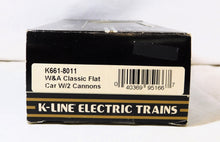 Load image into Gallery viewer, K-Line K661-8011 W&A Classic Flat Car w/2 diecast Cannons W.&.A.R.R. Boxed 19th Century BOXED