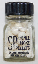 Load image into Gallery viewer, Lionel SP Smoke Pellets bottle FULL 50 tablets CLEAR bottle Early 1940s black Print