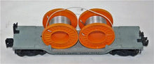 Load image into Gallery viewer, Lionel 6561 ODD MISSTAMP Depressed Center Flat car w/ Cable Reels Orange O Postwar
