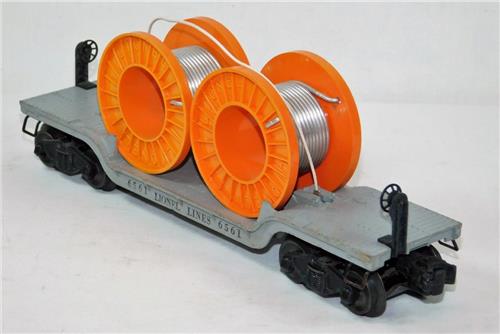 Lionel 6561 ODD MISSTAMP Depressed Center Flat car w/ Cable Reels Orange O Postwar