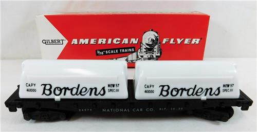 American Flyer 24575 National Car Co Flatcar w/ Borden's Milk Containers KNUCKLE