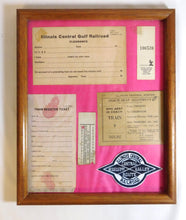 Load image into Gallery viewer, Illinois Central Railroad Framed Memoribilia 6 Items 8 x 10 Wall Hanging Train
