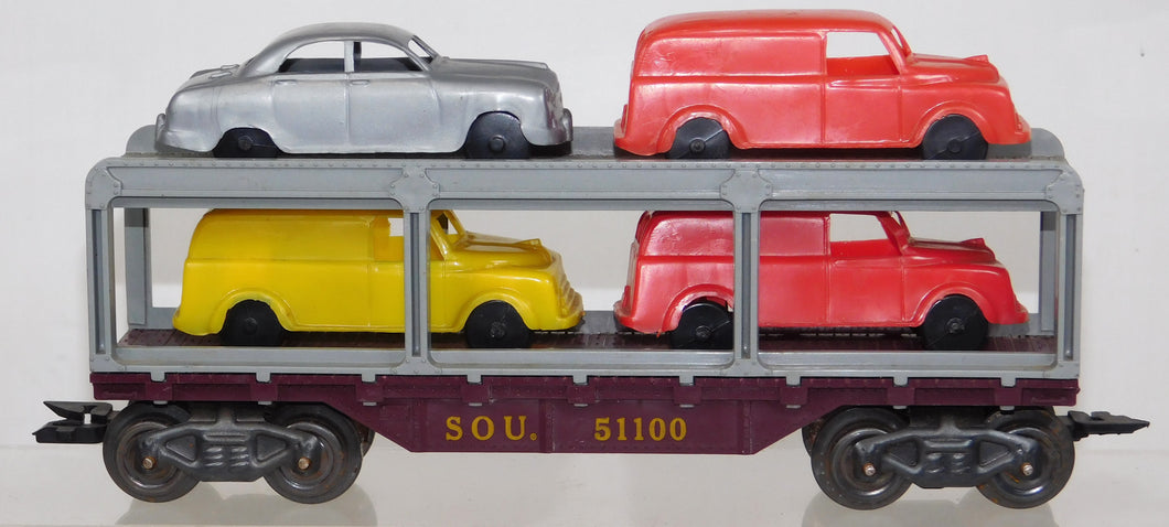 Marx SOU 51100 Auto Loader flat w/Rack & 4 original automobiles Southern loader Tilt couplers