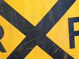 REAL Railroad Crossing 30" Yellow Metal Train Room Sign Man Cave Distressd #2