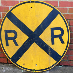 REAL Railroad Crossing 30" Yellow Metal Train Room Sign Man Cave Distressd #2