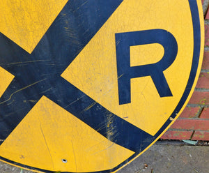 REAL Railroad Crossing 30" Yellow Metal Train Room Sign Man Cave Distressd #2