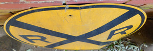 REAL Railroad Crossing 30" Yellow Metal Train Room Sign Man Cave Distressd #2