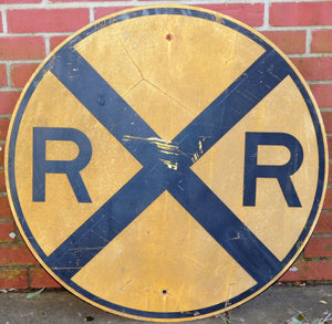 REAL Railroad Crossing 30" Round Yellow Metal Train Room Sign Man Cave Distressd