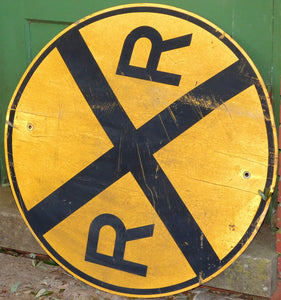 REAL Railroad Crossing 30" Yellow Metal Train Room Sign Man Cave Distressd #2