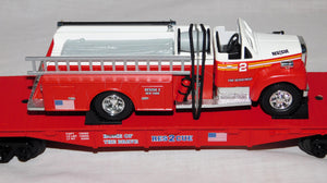 MTH FACTORY PRODUCTION SAMPLE 30-76089 Rescue 2 Fire Truck Flat car O Rail King