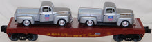 Load image into Gallery viewer, Lionel 6-17571 Union Pacific Flat Car w/ 2 Union Pacific 1953 Ford F-100 Trucks 1/48 Standard O
