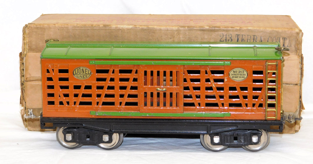 Lionel 213 BOXED Prewar Standard gauge Cattle Car Terra Cotta Green CLEAN!