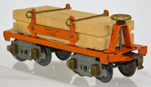 Load image into Gallery viewer, American Flyer Prewar  O #3046 (D) Orange Flatcar w/ Lumber 8whl RUBBER STAMPED
