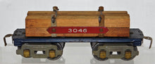 Load image into Gallery viewer, American Flyer O Prewar 3046 BLUE Flatcar w/ Lumber load 8 wheel RED #plate AFL3046
