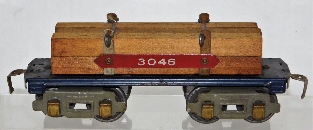 American Flyer O Prewar 3046 BLUE Flatcar w/ Lumber load 8 wheel RED #plate AFL3046