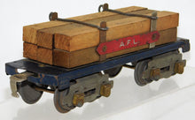 Load image into Gallery viewer, American Flyer O Prewar 3046 BLUE Flatcar w/ Lumber load 8 wheel RED #plate AFL3046
