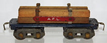 Load image into Gallery viewer, American Flyer O Prewar 3046 BLUE Flatcar w/ Lumber load 8 wheel RED #plate AFL3046
