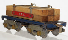 Load image into Gallery viewer, American Flyer O Prewar 3046 BLUE Flatcar w/ Lumber load 8 wheel RED #plate AFL3046
