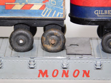 Load image into Gallery viewer, American Flyer 956 Monon FlatCar W/ 2 Gilbert Hall of Science Trailers Piggyback
