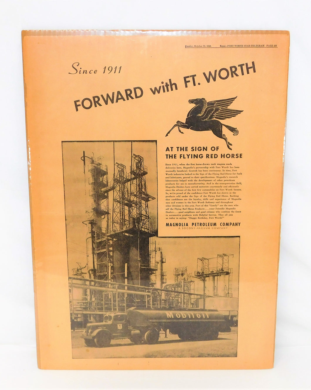 MOBIL OIL Flying Horse Magnolia Ft Worth Telegram Newspaper Ad 17 x 23