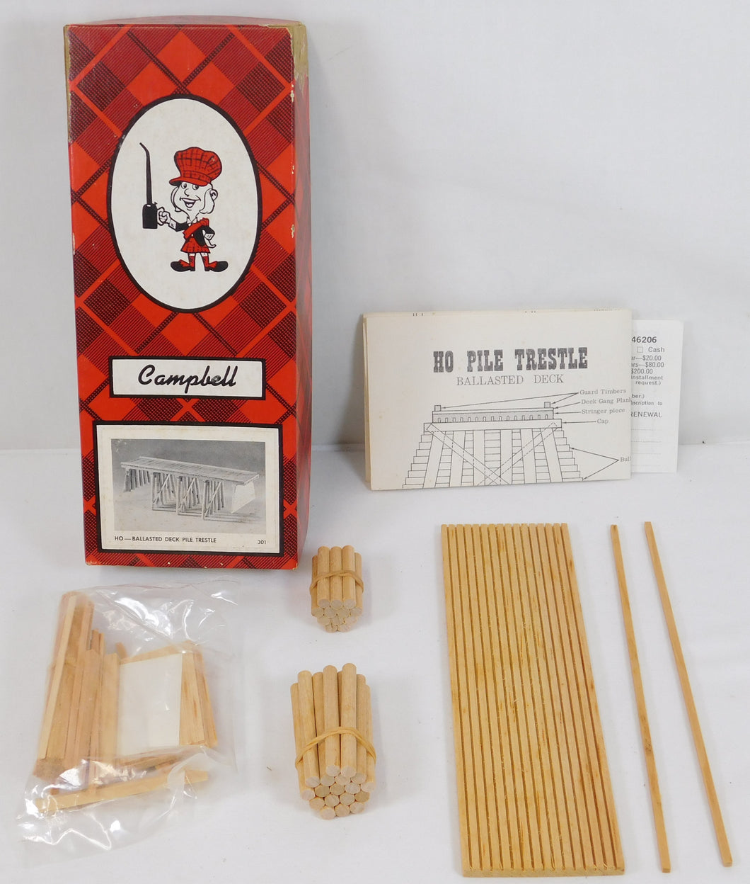 Campbell #301 HO scale 50' BALLASTED DECK Ple trestle bridge Complete Wood Kit