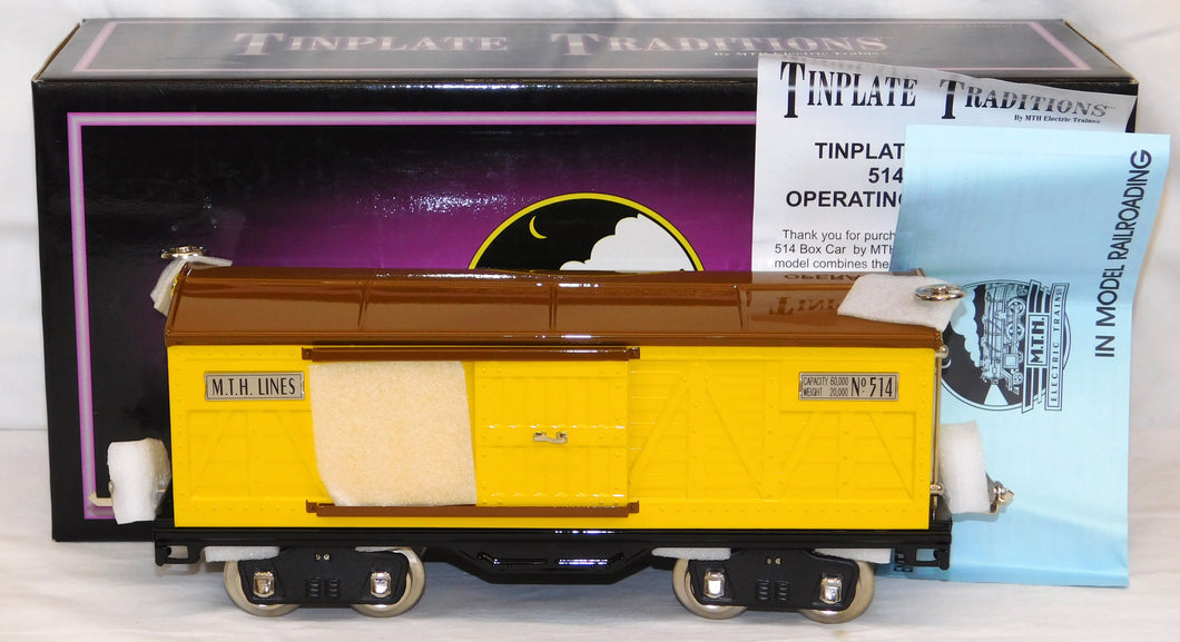 MTH 10-1085 Standard Gauge Tinplate Traditions 514 Box Car Yellow / Nickel trim