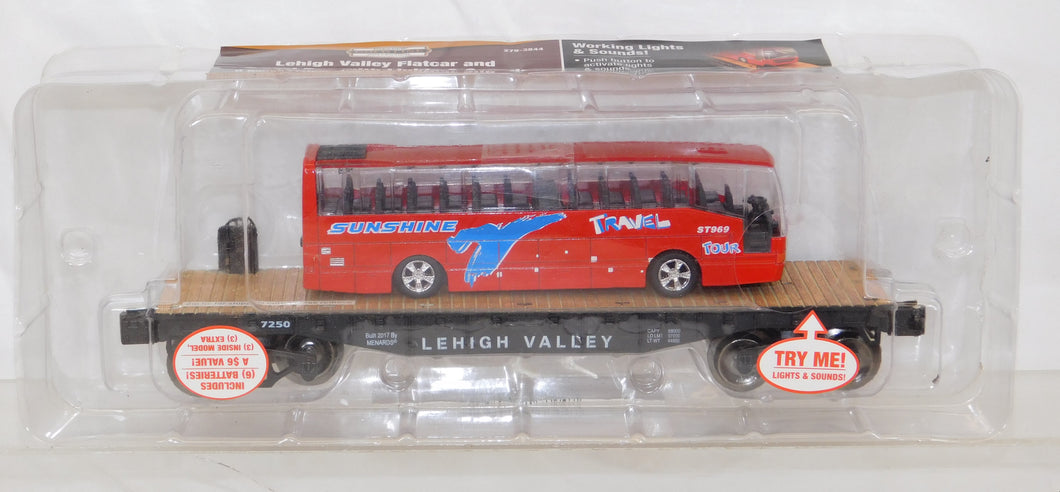 Menards 279-3844 Lehigh Valley Flat Car & Travel Bus no lights rough sound O/027