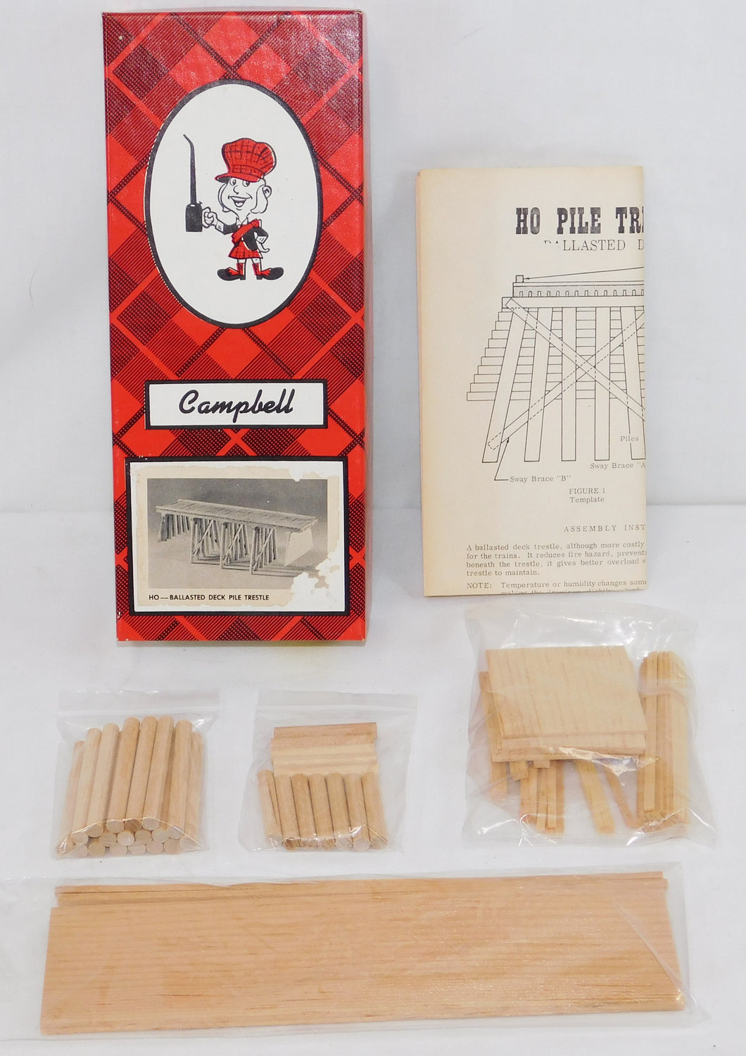 Campbell #301 HO scale 50' BALLASTED DECK Ple trestle bridge Complete Wood Kit