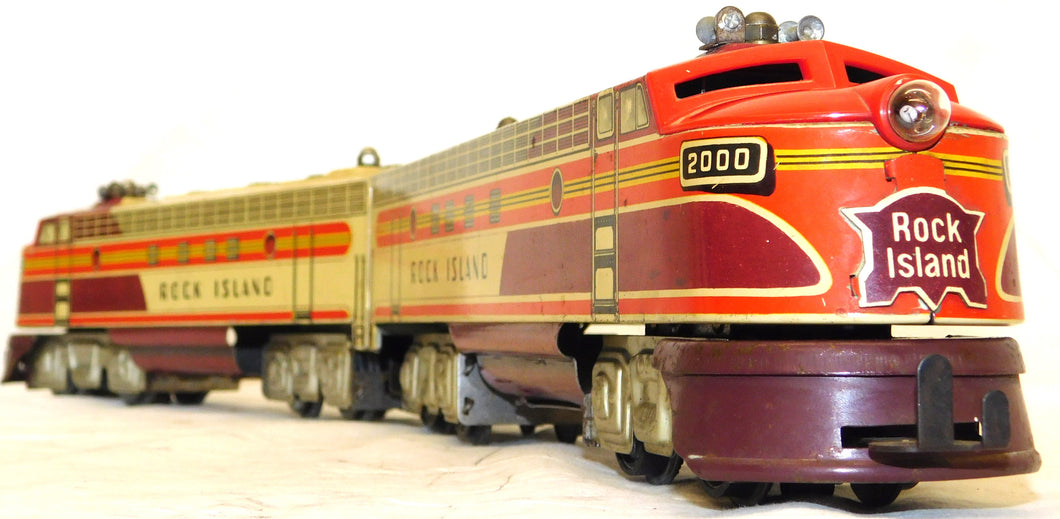 UNIQUE Arts Trains #2000 Rock Island AA Diesel Set Tinplate RUNS 1950s 3rAIL VINTAGE