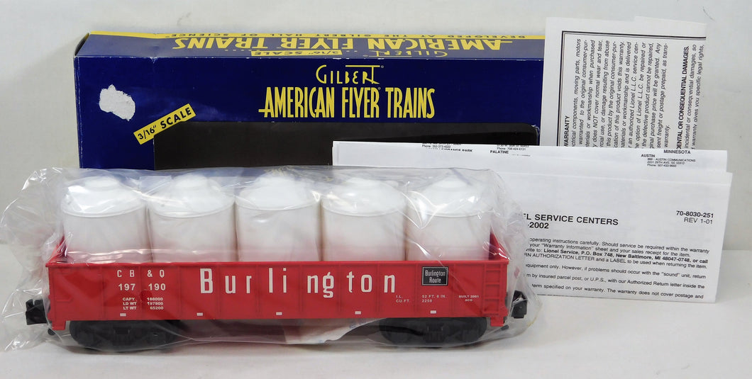 American Flyer 6-48525 Burlington red Gondola w/Cannisters diecast trucks Sgauge