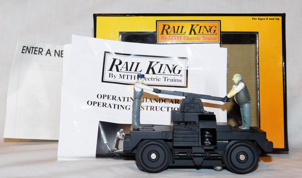 MTH 30-2508 Operating Hand Car black w/2 figures C-8 motorized 2000 reverses O27