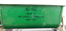 Load image into Gallery viewer, Lionel Trains 659 GREEN Dump Car Nickle trim dump 1935-42 Prewar runner O/027
