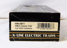 Load image into Gallery viewer, K-Line K661-8011 W&amp;A Classic Flat Car w/2 diecast Cannons W.&amp;.A.R.R. Boxed 19th Century BOXED
