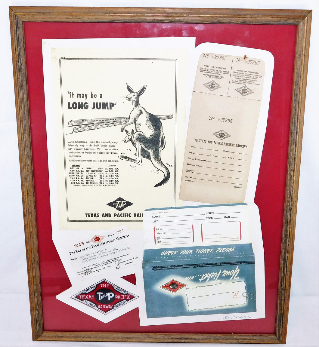 Texas & Pacific Railway Framed Memoribilia Items T&P Wall Hanging Ads Pass 19 x 15