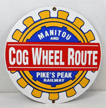 Load image into Gallery viewer, Vintage Look Sign Manitou Pikes Peak Cog Wheel Railway Porcelain Painted Metal
