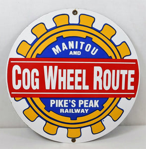 Vintage Look Sign Manitou Pikes Peak Cog Wheel Railway Porcelain Painted Metal